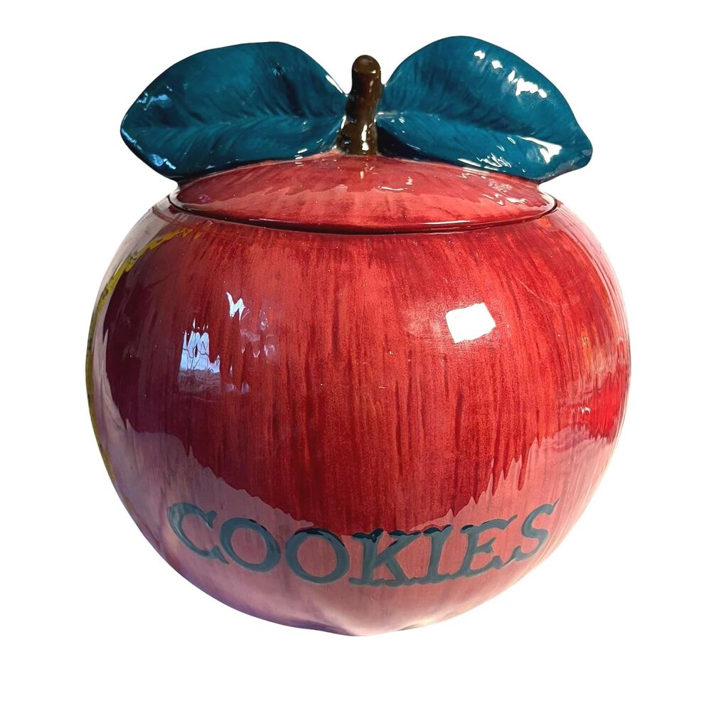 Vintage Treasure Craft Apple Cookie Jar with Lid, 1970 Retro Red Ceramic Apple C